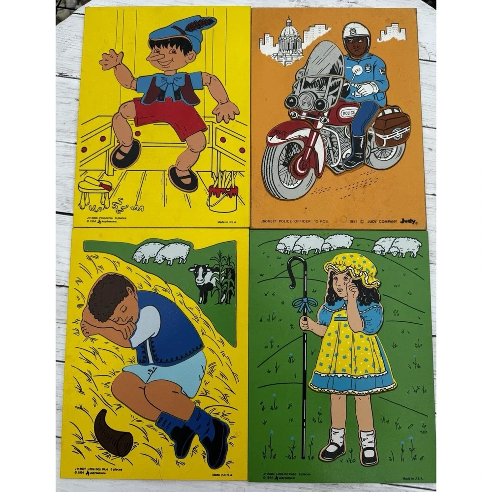 Lot of 4 Vintage Wood Judy Puzzles, Police Pinocchio Lil Bo Peep Lil' Boy Blue
